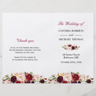 Burgundy Red Chic Floral Folded Wedding Program