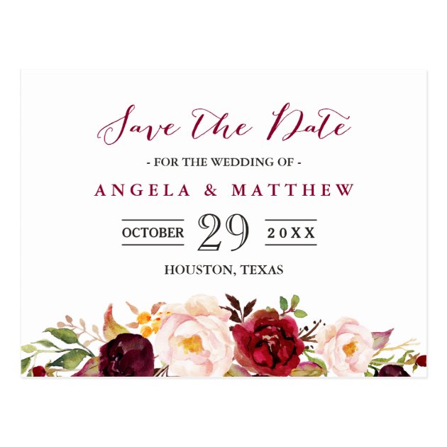 Burgundy Red Chic Floral Wedding Save The Date Postcard