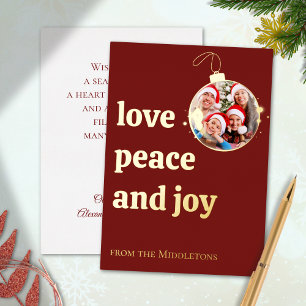 Burgundy Red Christmas Family Photo Love Peace Joy Foil Holiday Card
