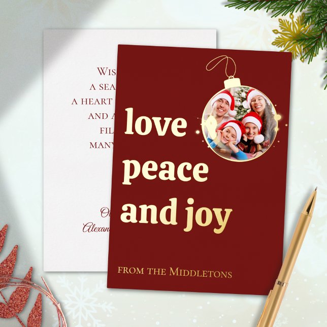 Burgundy Red Christmas Family Photo Love Peace Joy Foil Holiday Card (Creator Uploaded)