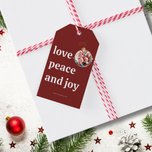 Burgundy Red Christmas Family Photo Love Peace Joy Gift Tags