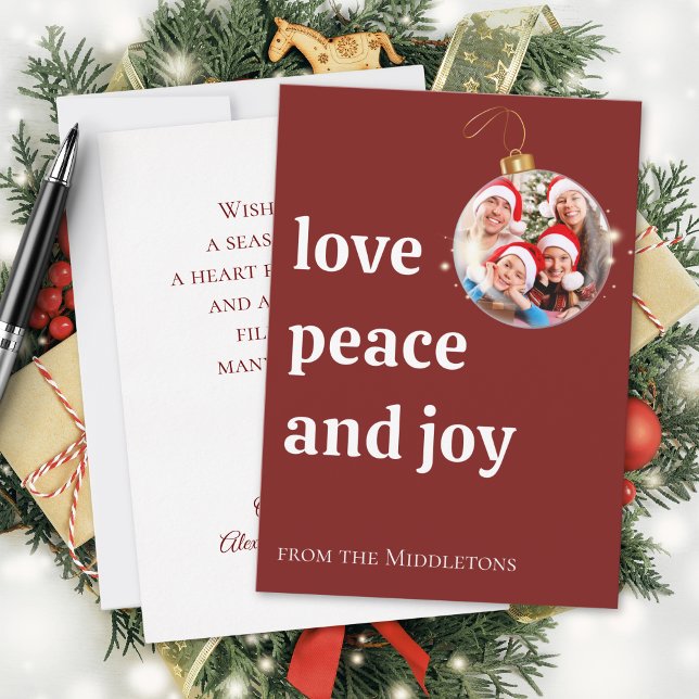 Burgundy Red Christmas Family Photo Love Peace Joy Holiday Card (Creator Uploaded)