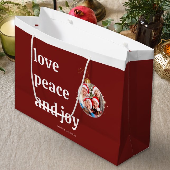 Burgundy Red Christmas Family Photo Love Peace Joy Large Gift Bag (Creator Uploaded)