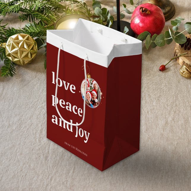 Burgundy Red Christmas Family Photo Love Peace Joy Medium Gift Bag (Creator Uploaded)