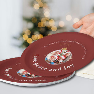 Burgundy Red Christmas Family Photo Love Peace Joy Paper Plates