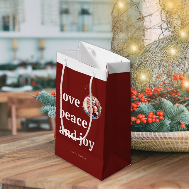 Burgundy Red Christmas Family Photo Love Peace Joy Small Gift Bag (Creator Uploaded)