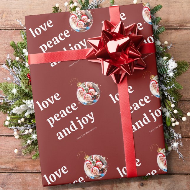 Burgundy Red Christmas Family Photo Love Peace Joy Wrapping Paper (Creator Uploaded)
