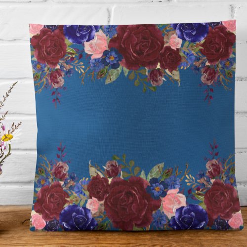 Burgundy Red Classic Blue Navy Rose Flower Throw Pillow