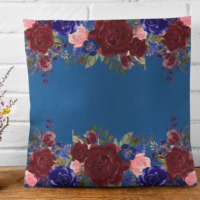 Burgundy Red Classic Blue Navy Rose Flower Throw Pillow (Creator Uploaded)