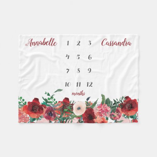 Burgundy Red Coral Floral Rose Twin Milestone Baby Fleece Blanket