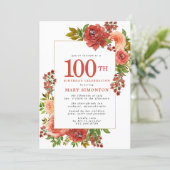 Burgundy Red Coral Pink Rose 100th Birthday Invitation (Standing Front)