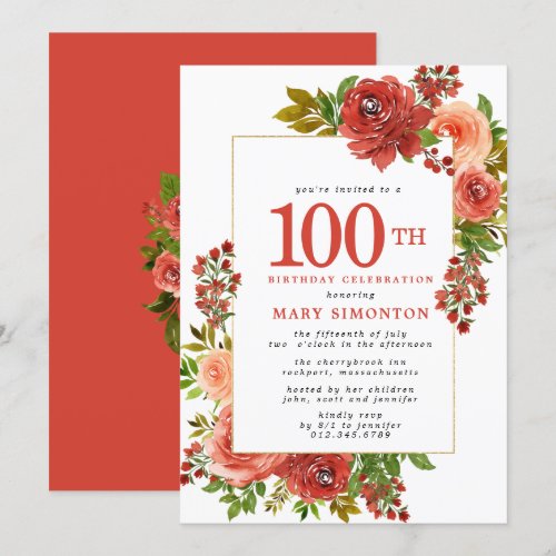 Burgundy Red Coral Pink Rose 100th Birthday Invitation