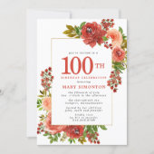 Burgundy Red Coral Pink Rose 100th Birthday Invitation (Front)