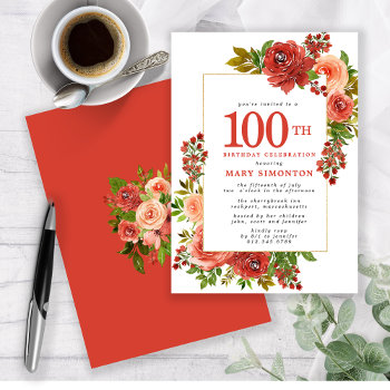 Burgundy Red Coral Pink Rose 100th Birthday Invitation by Celebrais at Zazzle