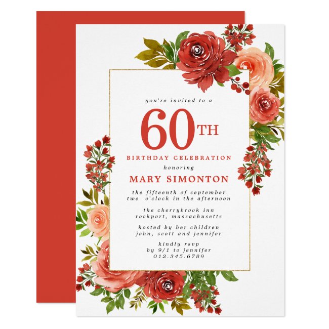 Burgundy Red Coral Pink Rose 60th Birthday Invitation