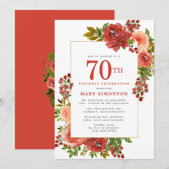 Burgundy Red Coral Pink Rose 70th Birthday Invitation (Front/Back)