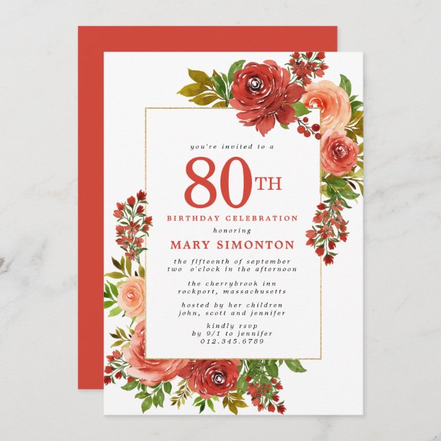 Burgundy Red Coral Pink Rose 80th Birthday Invitation (Front/Back)