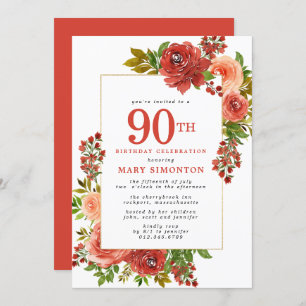 Burgundy Red Coral Pink Rose 90th Birthday Invitation