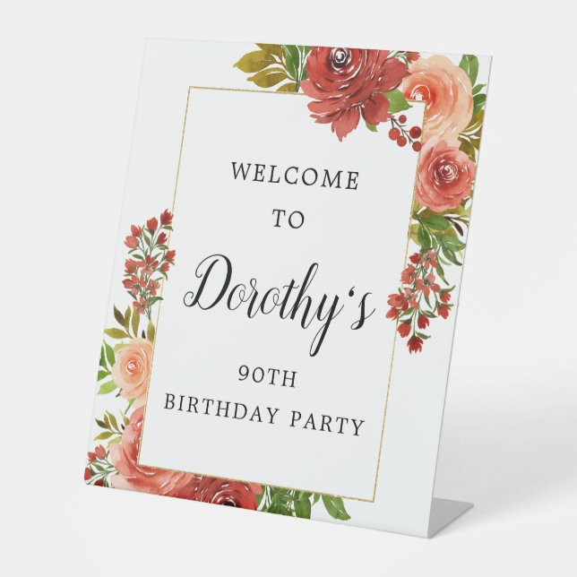 Burgundy Red Coral Pink Rose 90th Birthday Pedestal Sign (Front)