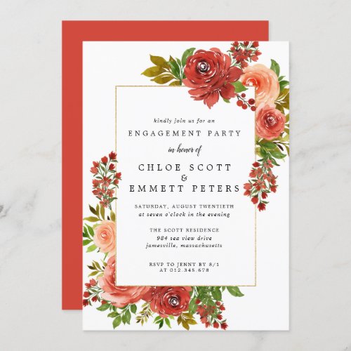 Burgundy Red Coral Pink Rose Engagement Party Invitation