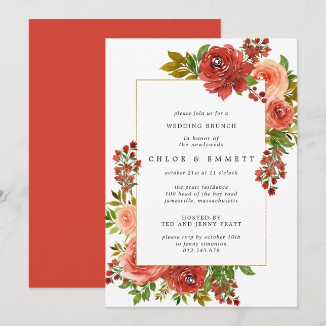 Burgundy Red Coral Pink Rose Post-Wedding Brunch Invitation (Front/Back)