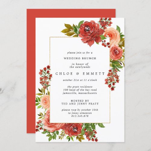 Burgundy Red Coral Pink Rose Post_Wedding Brunch Invitation