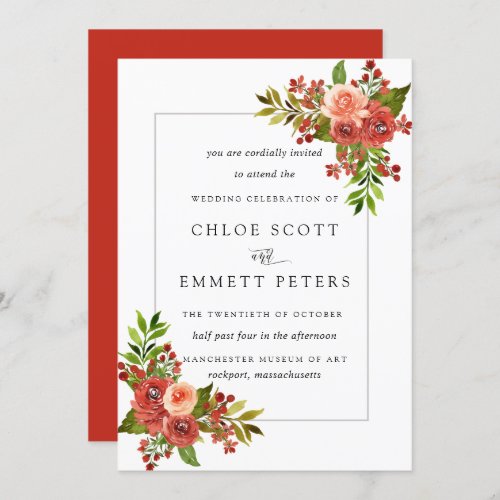 Burgundy Red Coral Pink Rose Wedding Invitation