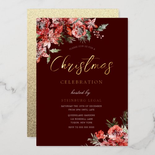 Burgundy Red Corporate Christmas Party Gala Gold Foil Invitation