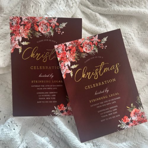 Burgundy Red Corporate Christmas Party Gala Gold Foil Invitation