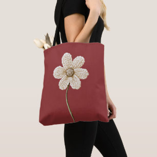 Burgundy Red Cream Faux Knit Flower Tote Bag