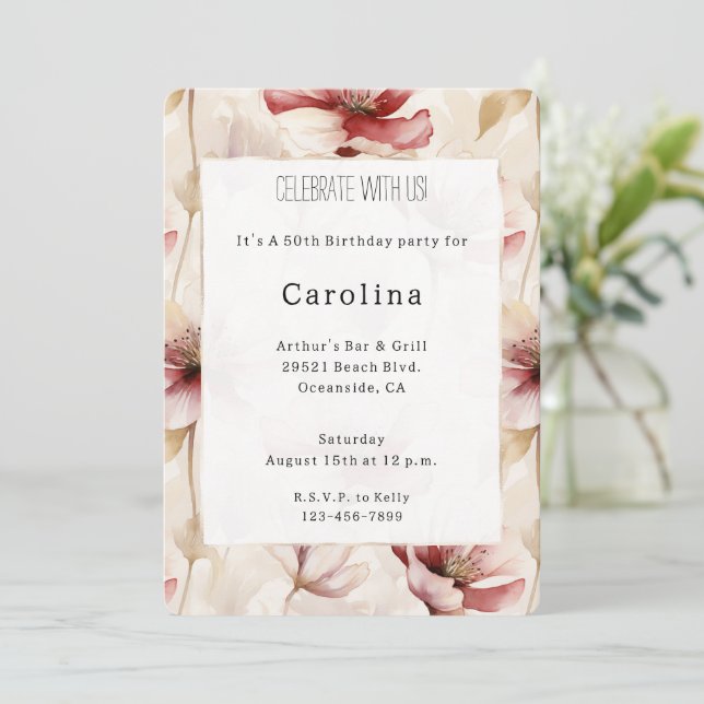 Burgundy Red Cream Floral 50th Birthday   Invitation (Standing Front)