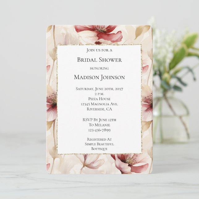 Burgundy Red Cream Floral Bridal Shower Invitation (Standing Front)