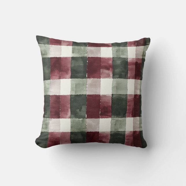 Burgundy Red Cream Green Plaid Christmas Throw Pillow (Front)
