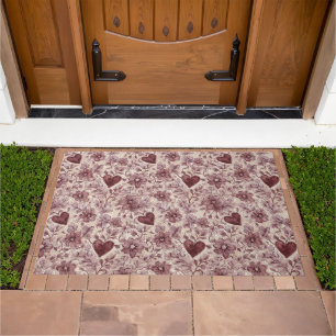 Burgundy Red Cream Hearts & Flowers Doormat