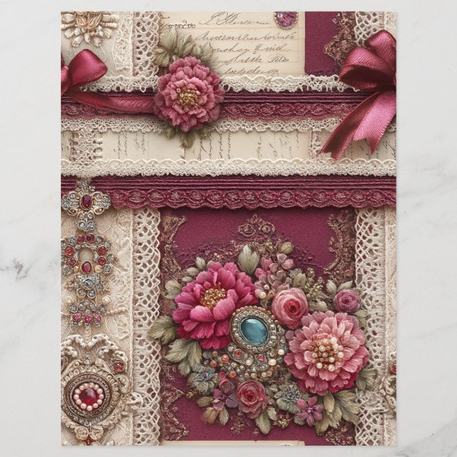 Burgundy Red Cream Junk Journal Scrapbook Paper (Front)