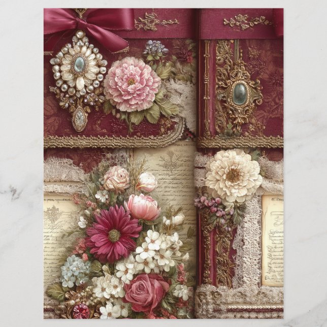 Burgundy Red Cream Junk Journal Scrapbook Paper (Front)