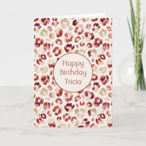 Burgundy Red Cream Leopard Birthday Card