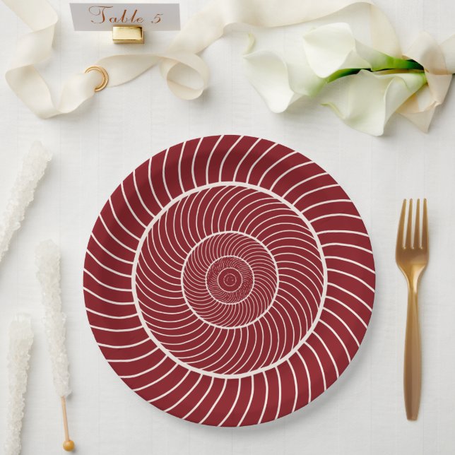 Burgundy red cream spiral snail fibonacci sequence paper plates (Wedding)