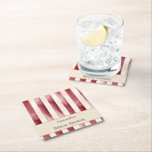 Burgundy Red Cream Stripes Bridal Shower Square Paper Coaster