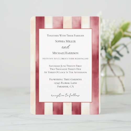 Burgundy Red Cream Stripes Wedding Invitation