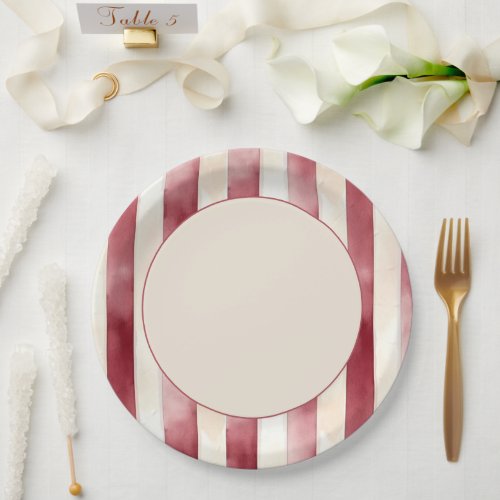 Burgundy Red Cream Stripes Wedding Paper Plates
