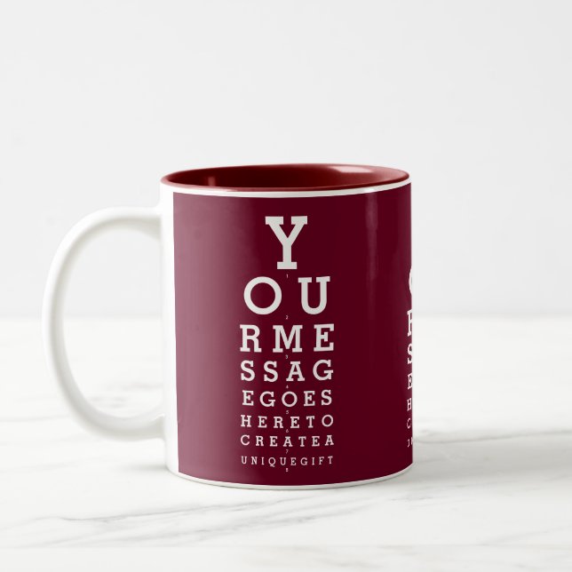 Burgundy Red Custom Message Fun Eyesight Chart Two-Tone Coffee Mug (Left)