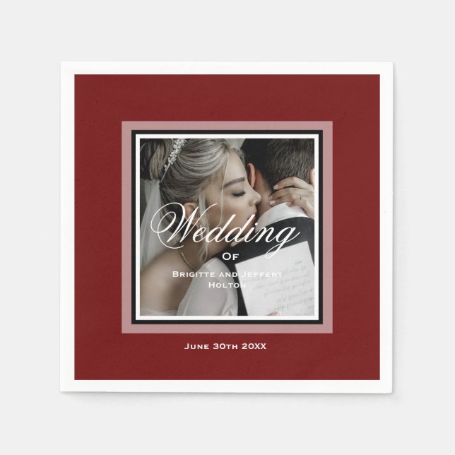 Burgundy red custom wedding couple photo napkins (Front)