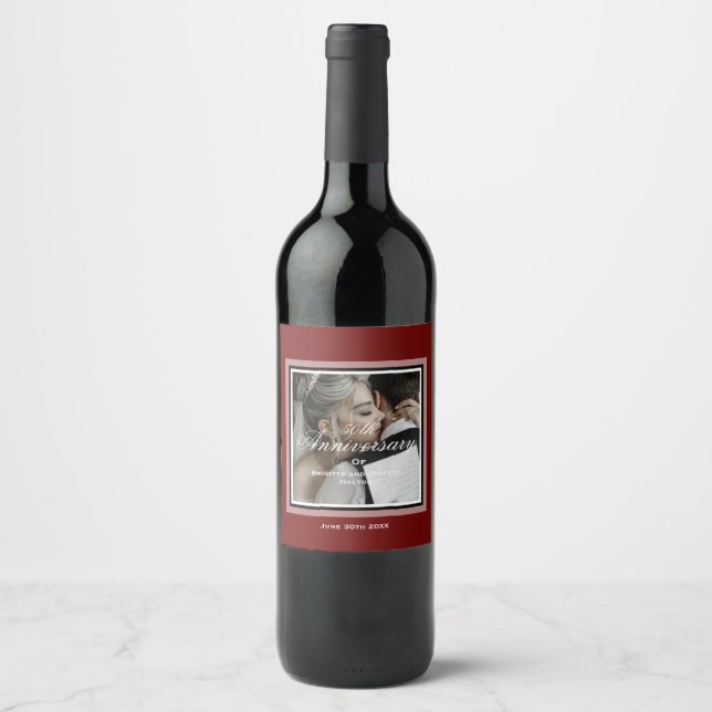 Burgundy red customizable 50th anniversary photo wine label (Front)