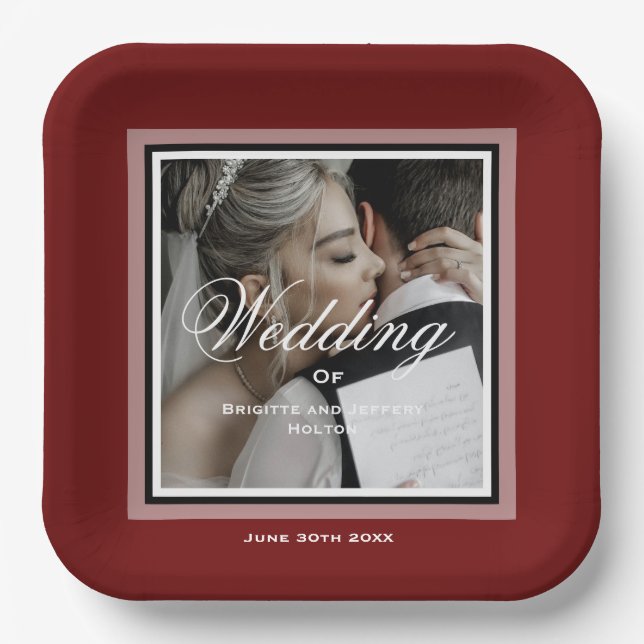 Burgundy red customizable wedding photo paper plates (Front)