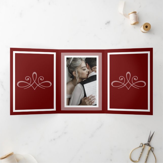 Burgundy red customizable wedding photo Tri-Fold program (Inside)