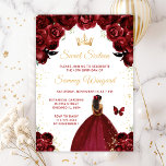 Burgundy Red Dark Skin Princess Sweet Sixteen Invitation<br><div class="desc">This elegant and glamorous sweet sixteen birthday invitation features a beautiful princess with dark skin in a burgundy red ball gown. The text combines handwritten script and modern sans serif fonts for a classy and sophisticated look. The floral arrangements, butterfly and gold confetti create the perfect blend of rustic and...</div>