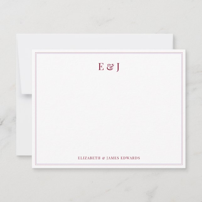 Burgundy Red Double Border Elegant Couple Monogram Note Card (Front)