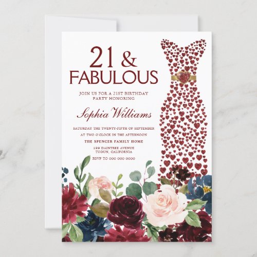 Burgundy Red Dress 21st Birthday Party Invitation