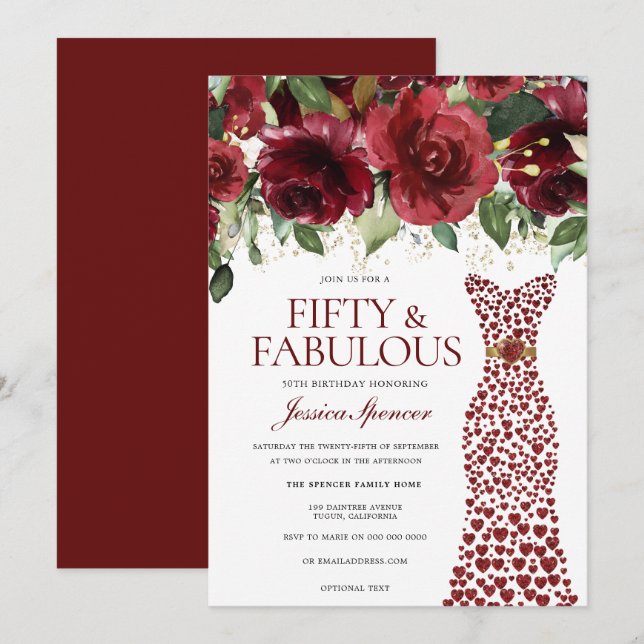 Burgundy Red Dress 50 & Fabulous 50th Birthday Invitation (Front/Back)